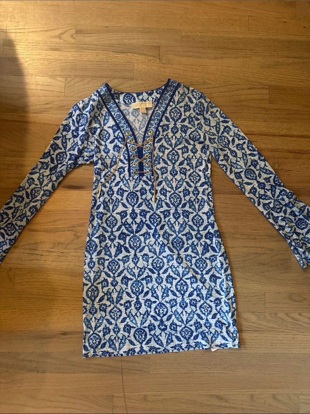 MICHAEL Michael Kors Blue and White Lace-Up Patterned Tunic Dress